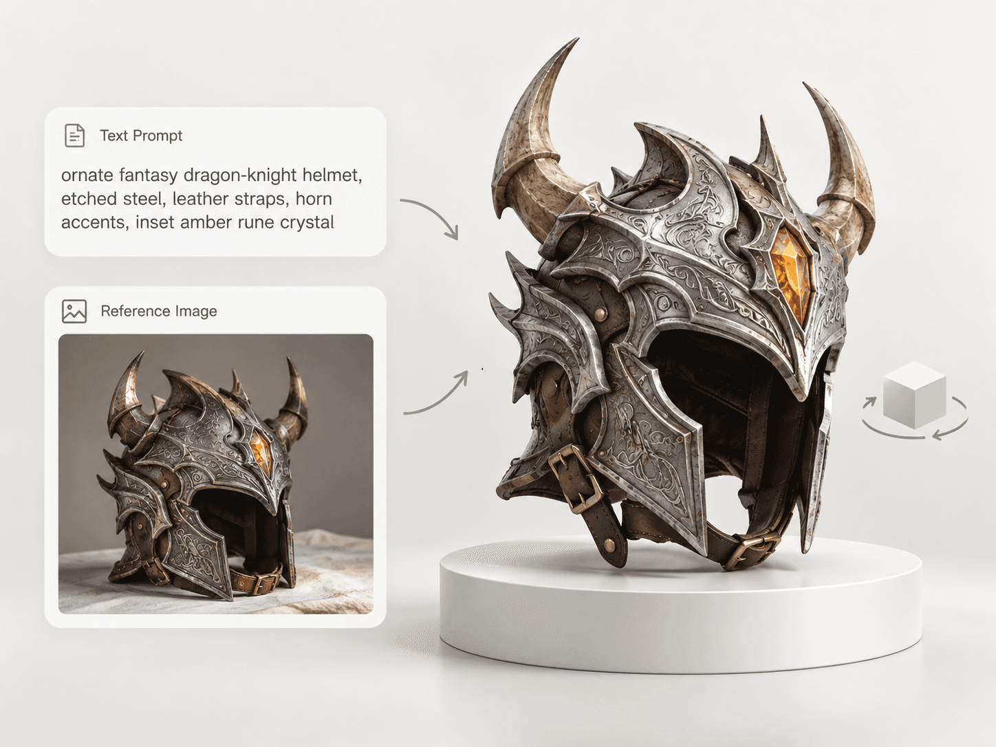 A prompt and a reference photo of a fantasy helmet next to the generated 3D helmet.