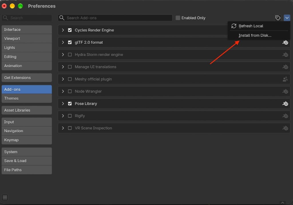 Blender Preferences, Add-ons section, with Install from Disk chosen in the top-right menu.