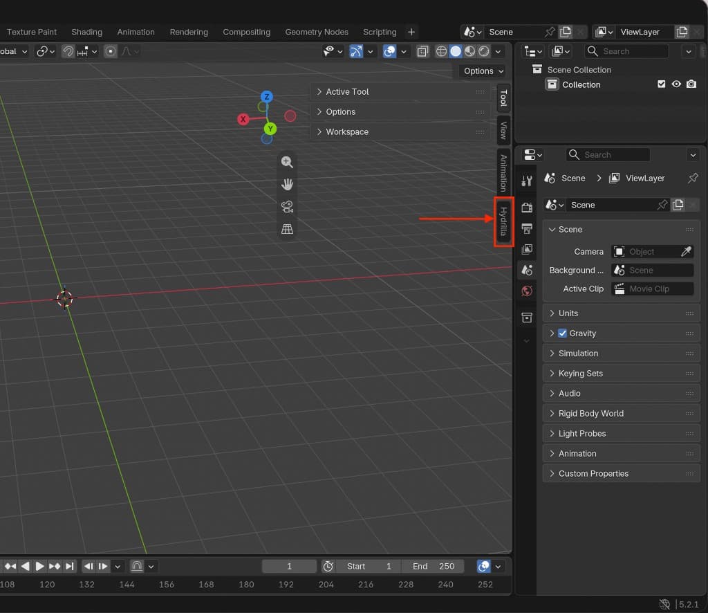 Blender 3D Viewport with the sidebar open and the Hydrilla tab highlighted.