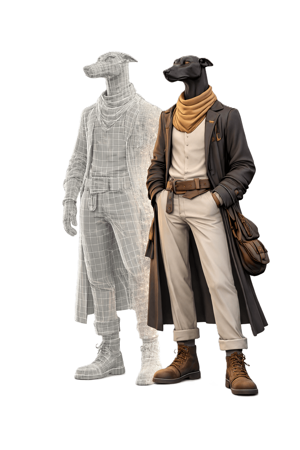 The finished 3D model of the character, shown untextured and textured side by side.